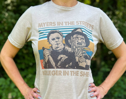 Myers in the Streets Krueger in the Sheets Halloween Tee