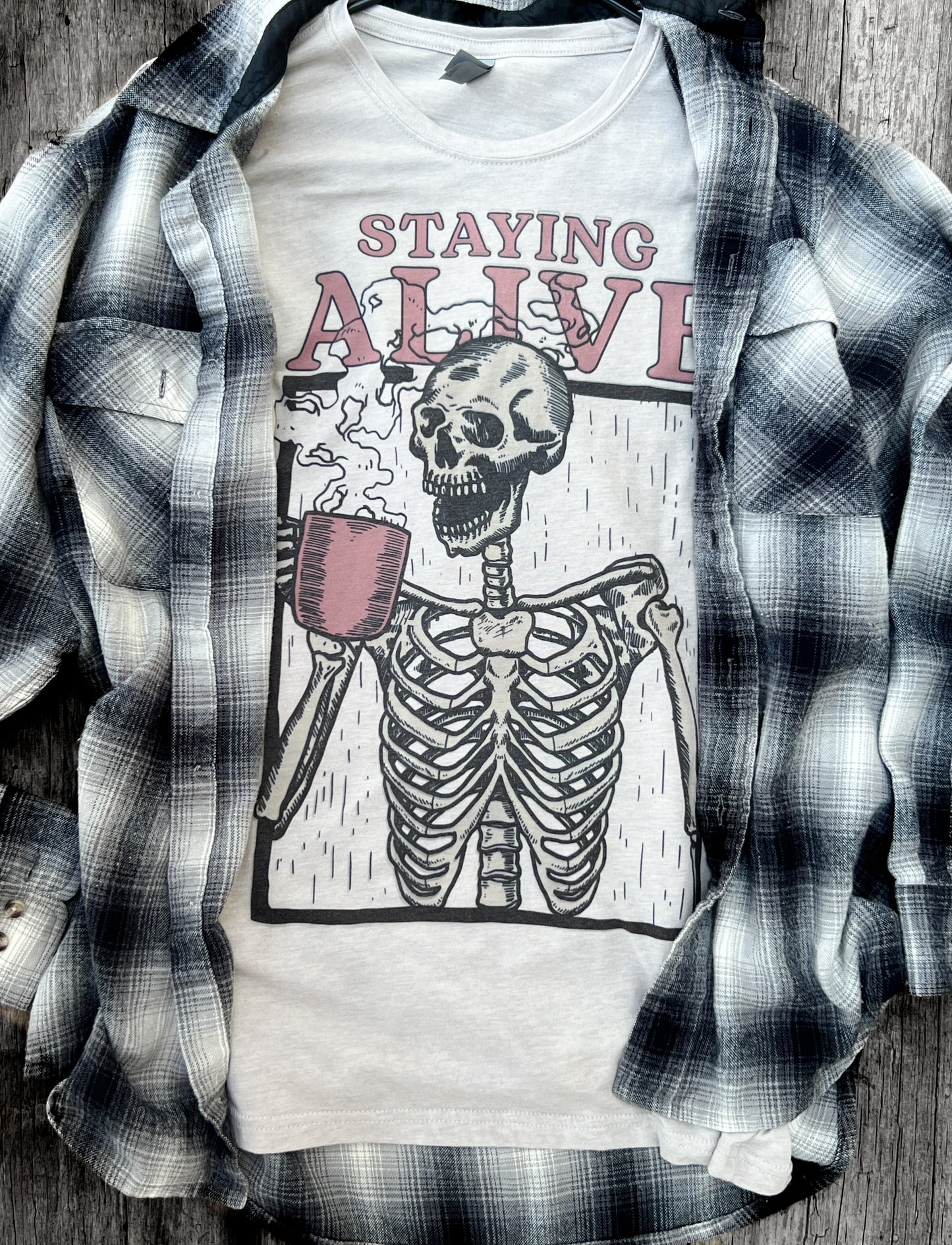 Staying Alive Skeleton Coffee Tee | Skelly Graphic Shirt