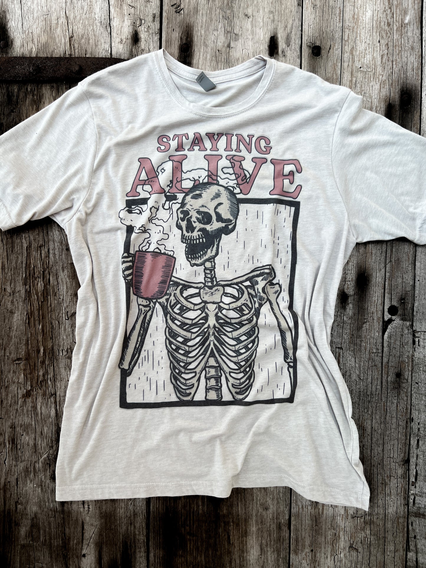 Staying Alive Skeleton Coffee Tee | Skelly Graphic Shirt